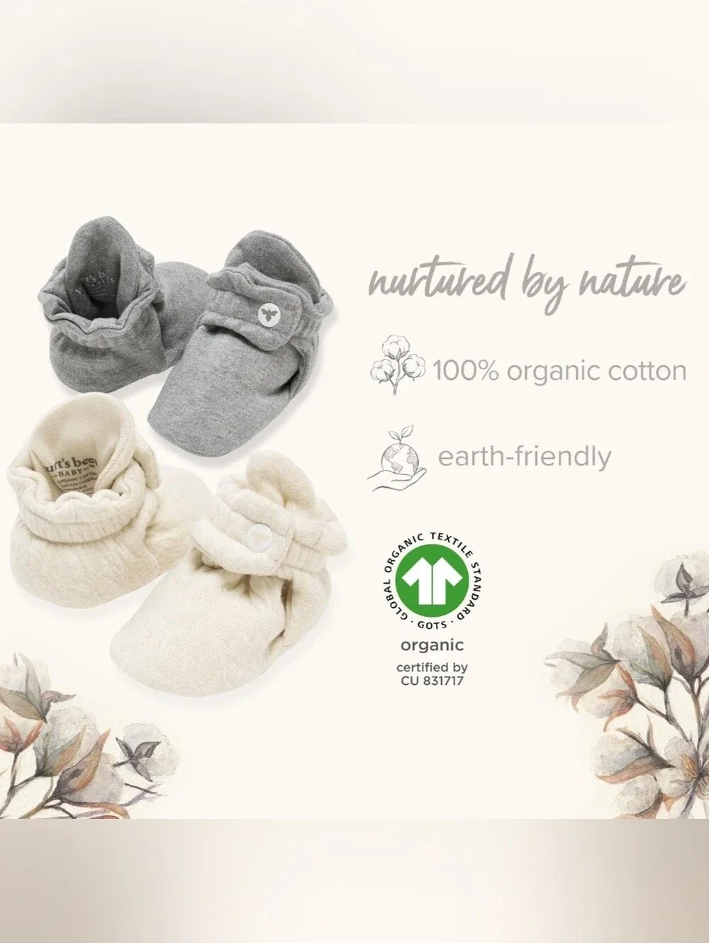 Burt's Bees Baby Grey Organic Cotton Booties